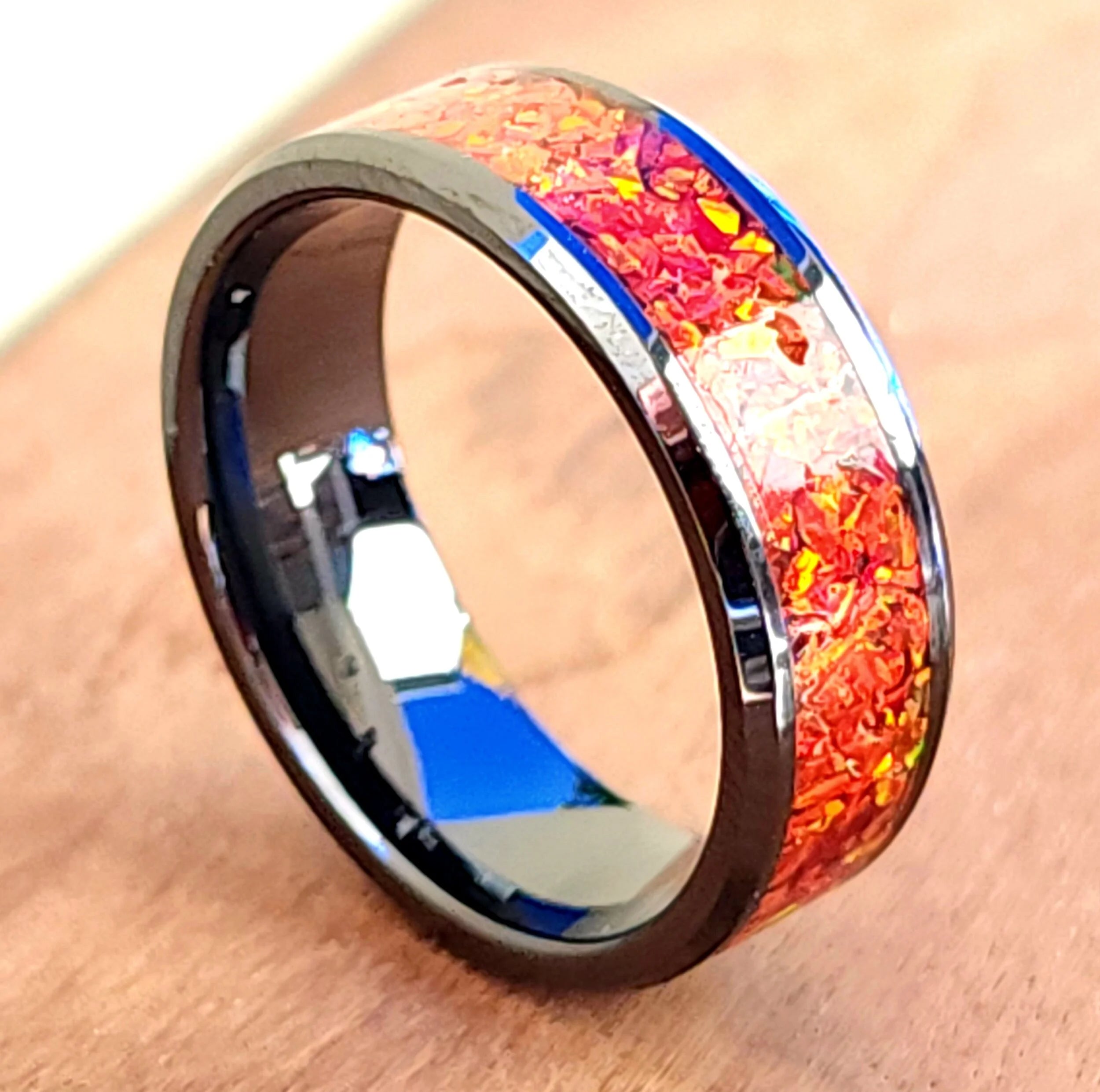 Black Ceramic with Fire Opal Inlay – Manderwood Custom Rings
