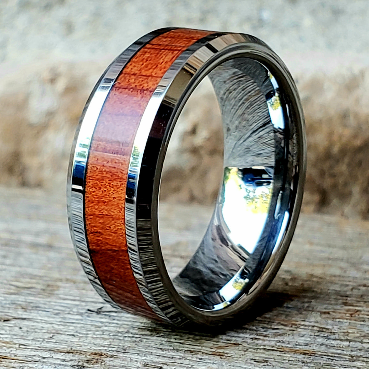 Tungsten or Titanium with Wood Inlay