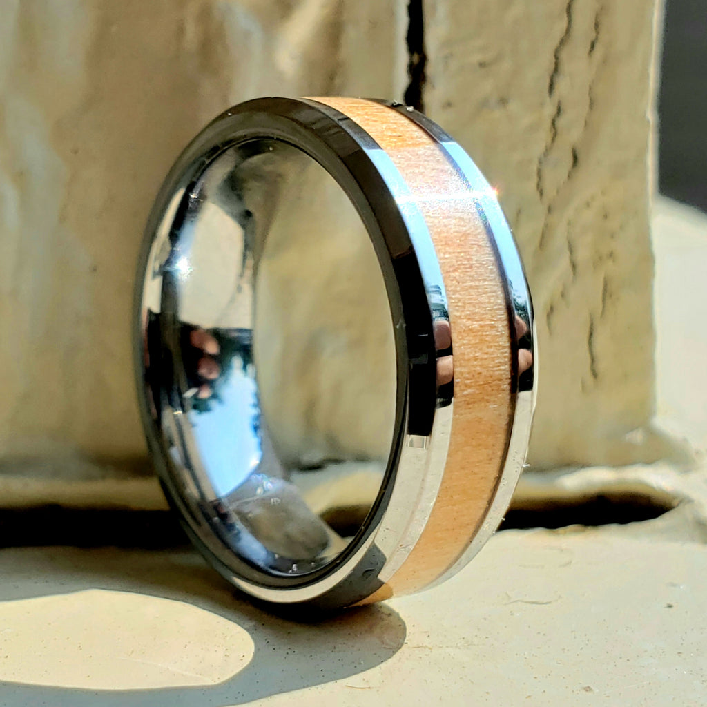 Tungsten or Titanium with Wood Inlay