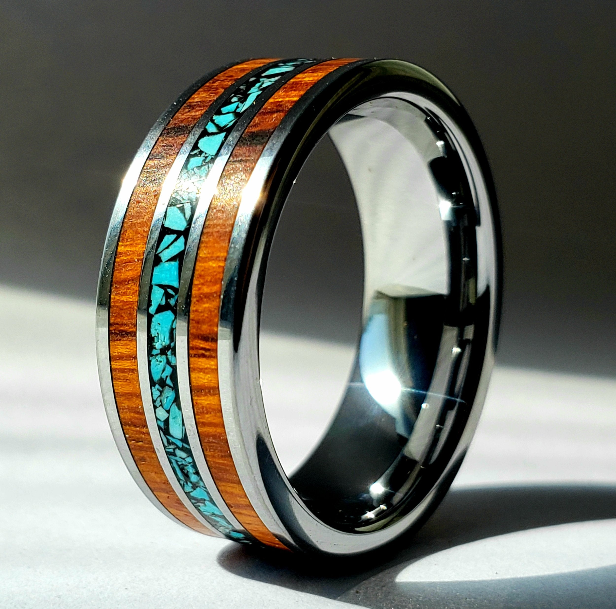 Desert Ironwood and Turquoise Triple Inlay Tungsten Ring