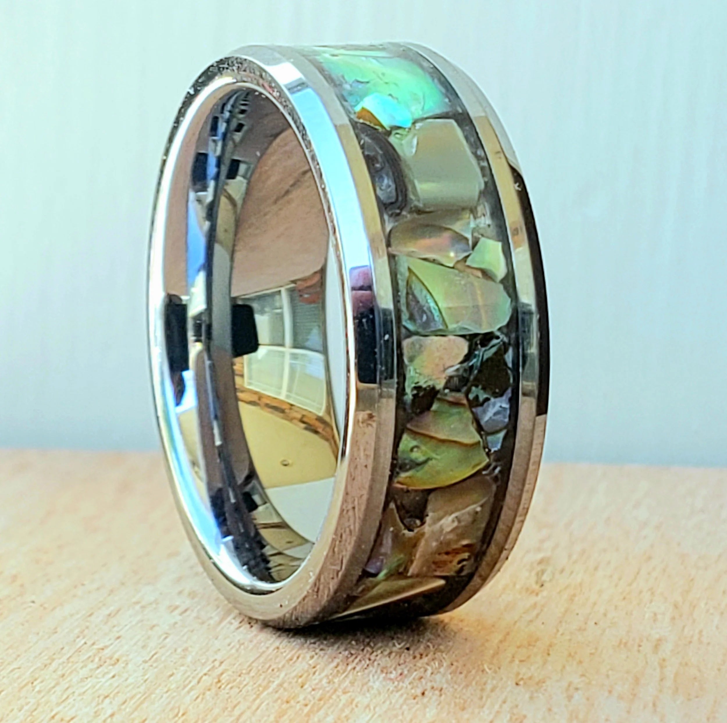 Tungsten or Titanium with Abalone Inlay