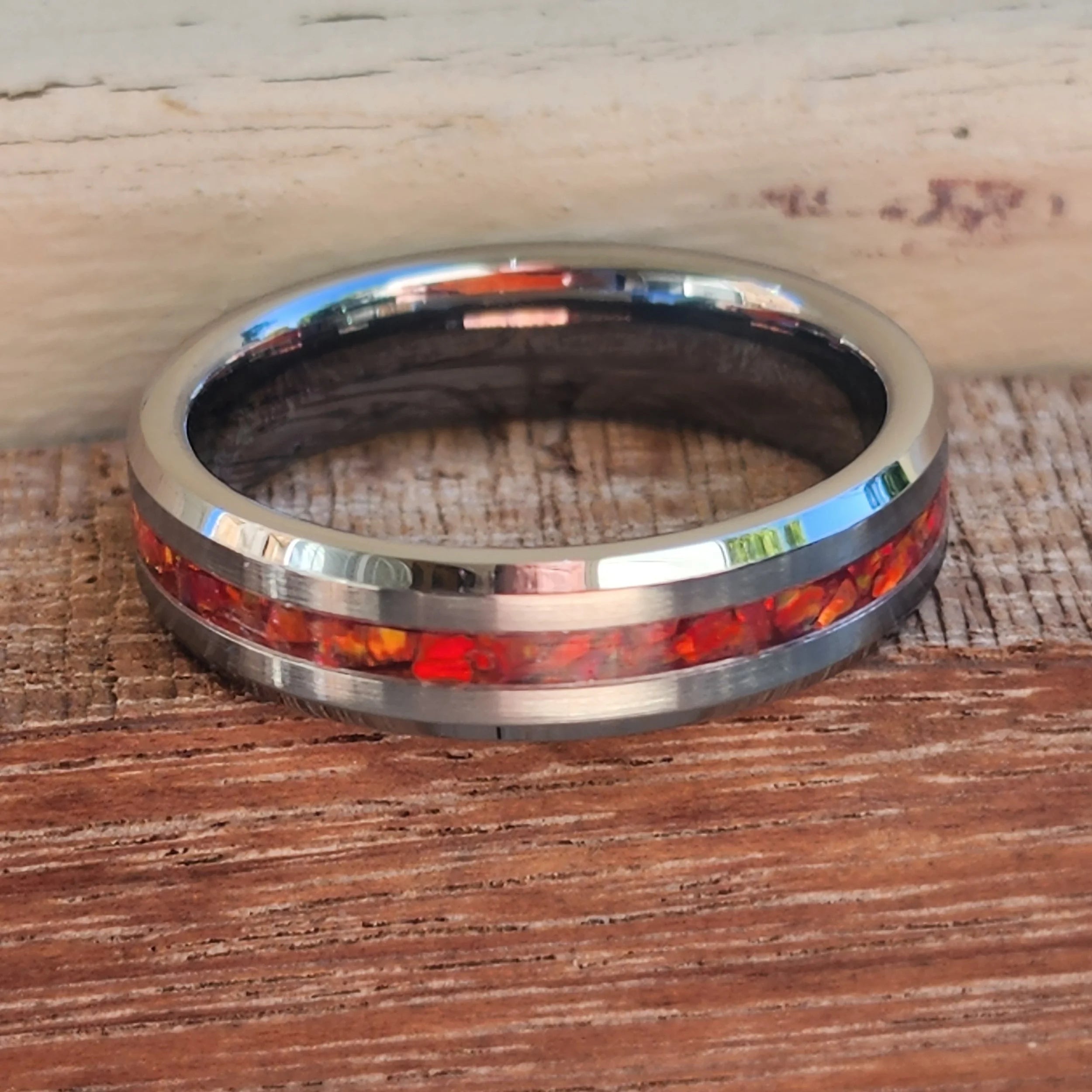 Tungsten or Titanium with fire opal inlay