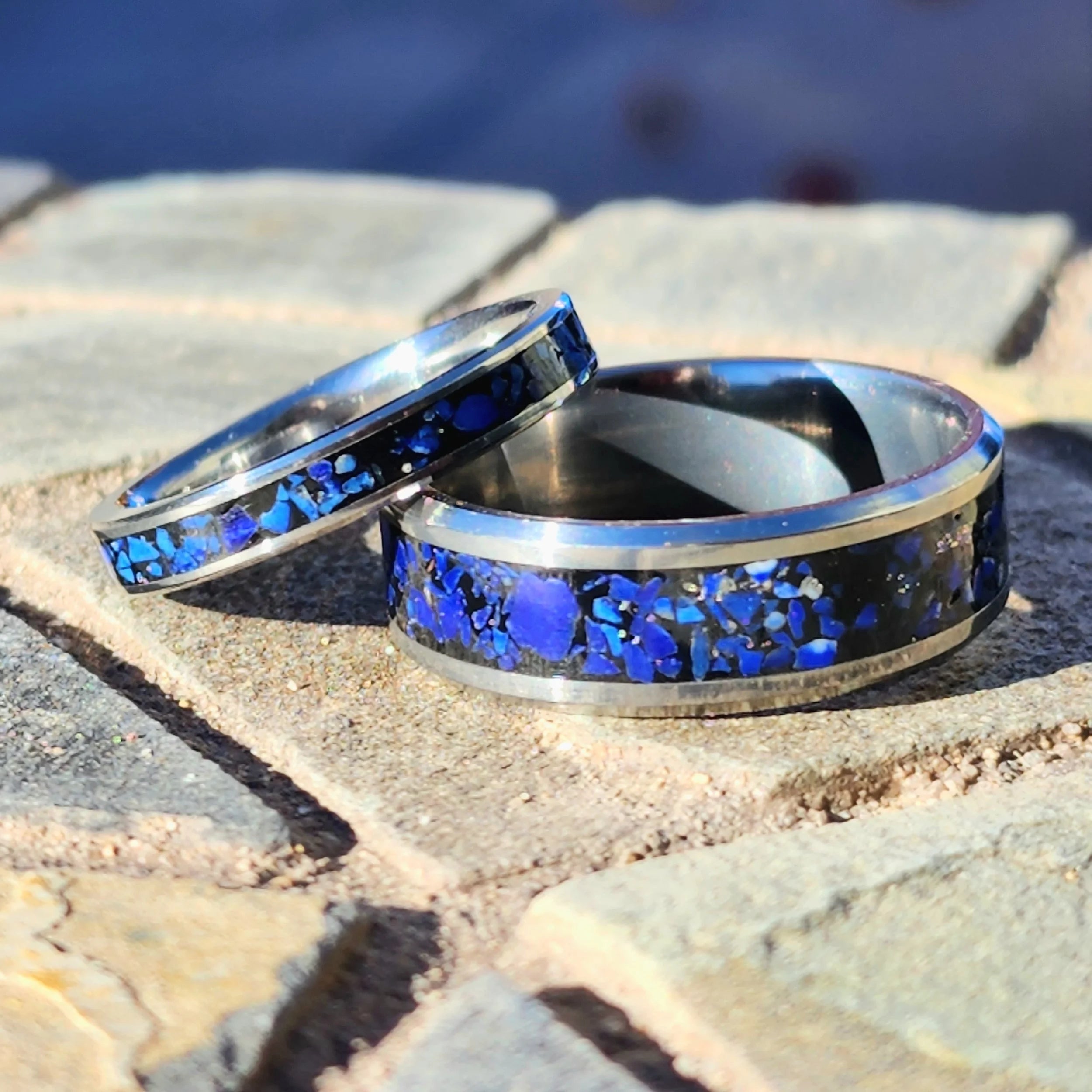 Tungsten or Titanium with Lapis Lazuli inlay