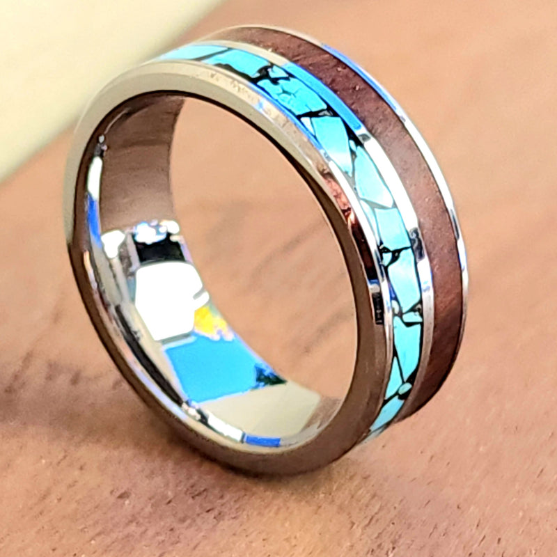 Turquoise and Desert Ironwood Two inlay (Tungsten or Titanitum) Tungsten is featured in 8mm.