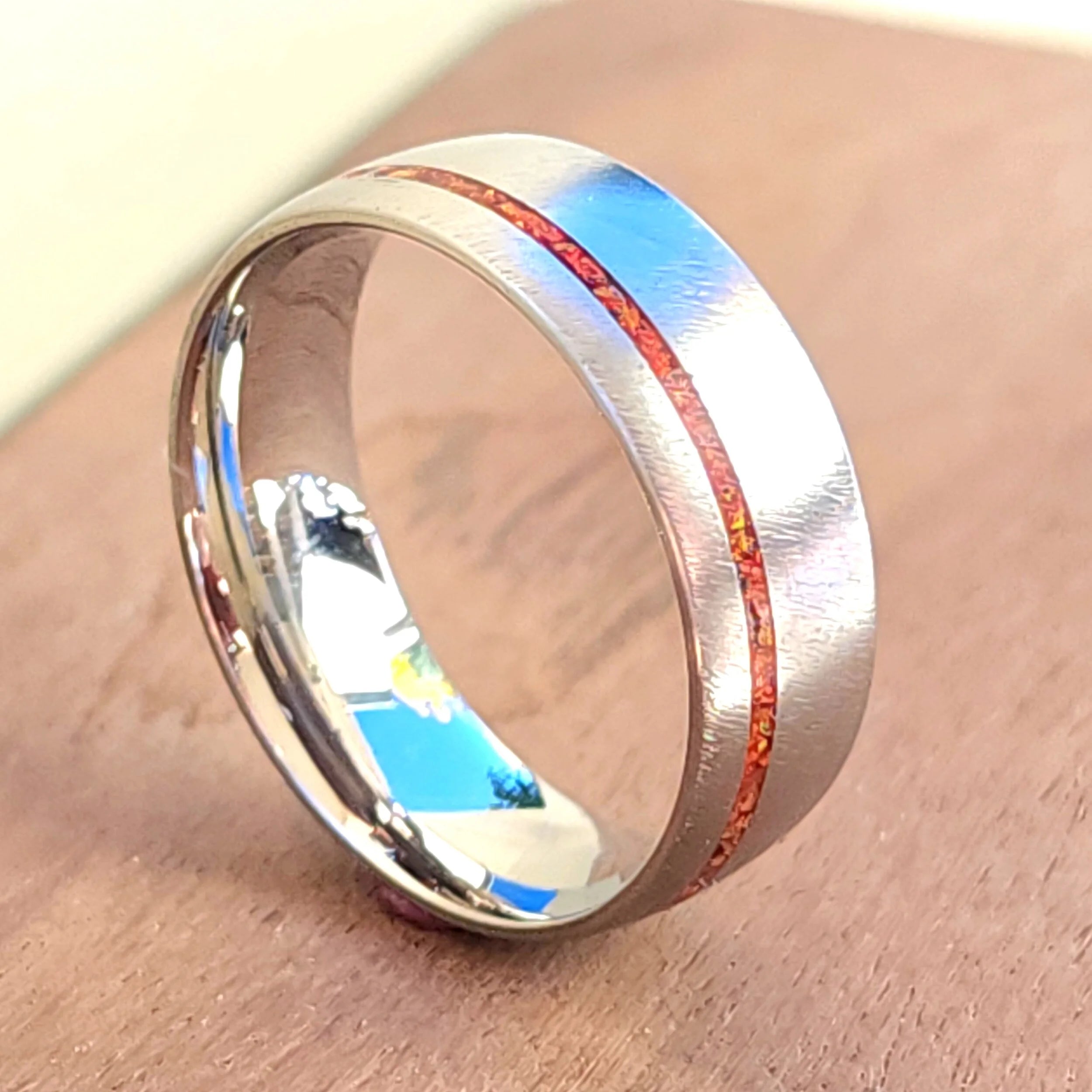 Titanium with Narrow, Offset, Fire Opal Inlay