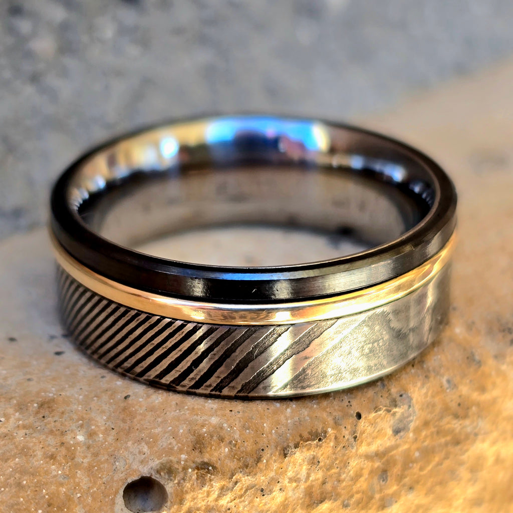 Stainless Steel Damascus and black titanium with 14k gold accent