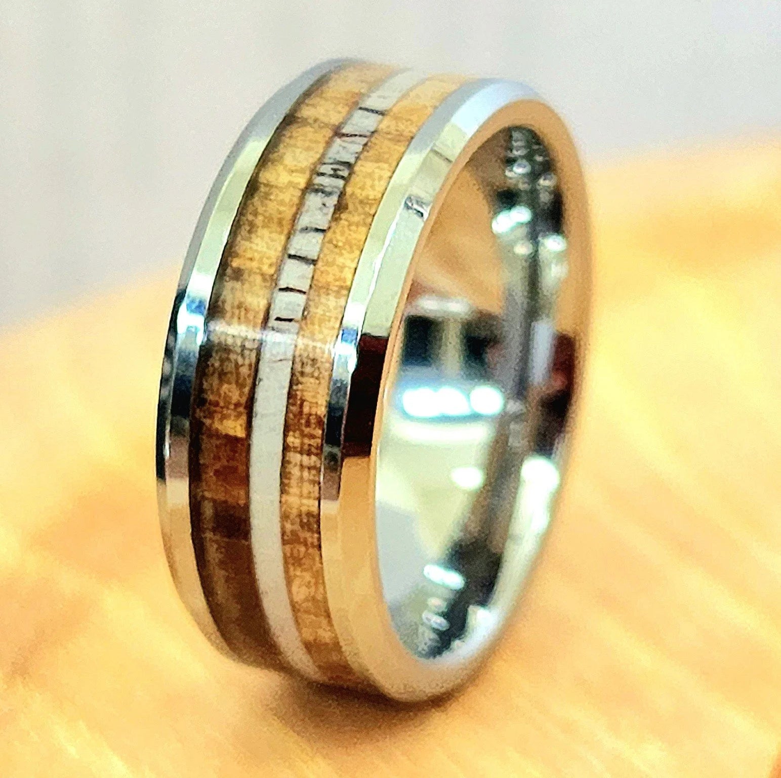 Triple Inlay Ring with Whiskey Barrel and Elk Antler